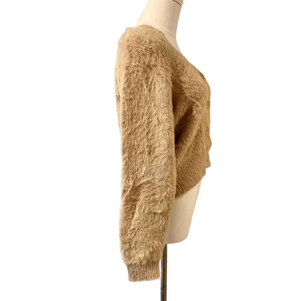Lili Sidonio Fuzzy Eyelash Knit Cardigan Beige M Button Front